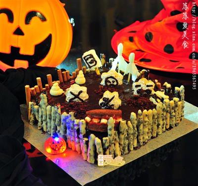 Halloween scenes of making happy cemetery cakes