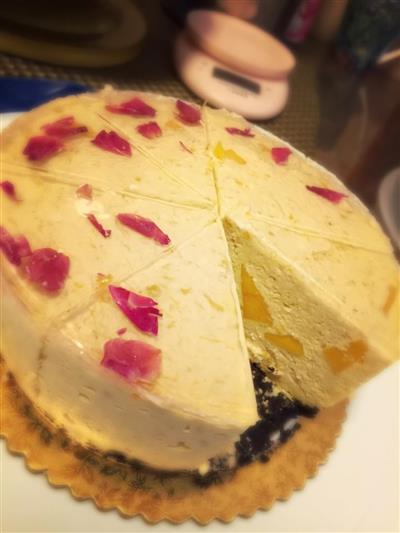 Mango cheesecake with rose mirrors